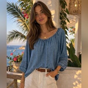 Lauren Conrad Women's Washed Blue Peasant Blouse